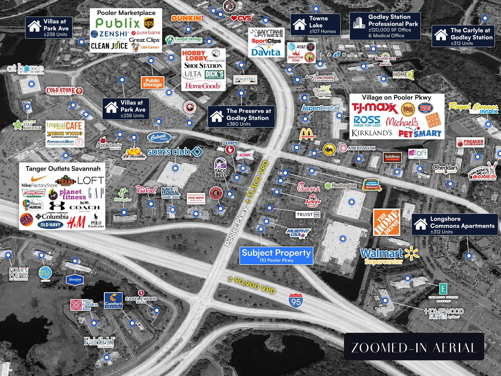Zoomed-in aerial of Pooler, GA showing the Subject Property at 110 Pooler Pkwy with surrounding retail, residential and hospitality labels