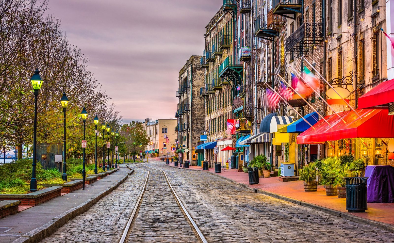 Downtown Savannah street lined with shops and restaurants