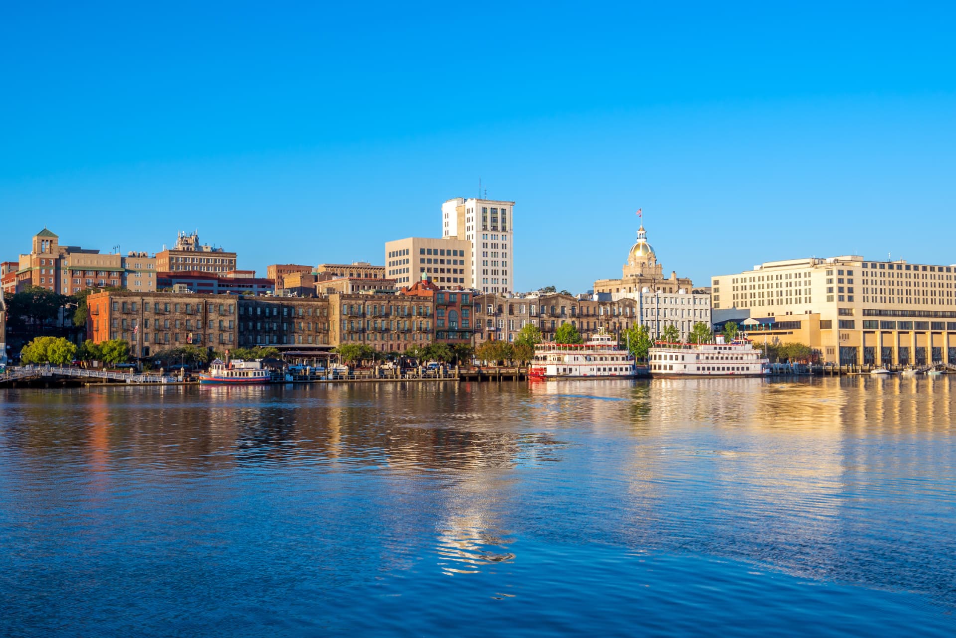 Savannah, Georgia riverfront skyline along the Savannah River